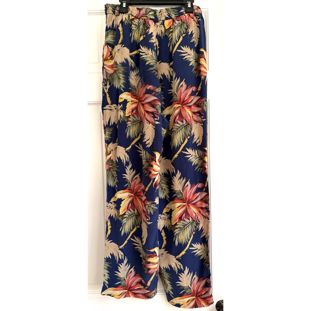 Jones Studio Silk Tropical Floral Wide Leg Pants Blue Red Yellow Size M